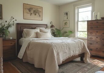 b'A bedroom with a bed, a dresser, and a rug.'