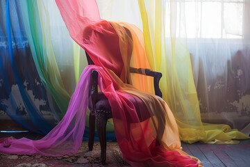 Rainbow-colored fabric transparently draped over a chair