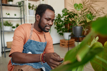Side view portrait of smiling Black man caring for plants at home and enjoying gardening copy space 