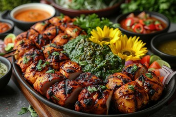 A beautifully arranged sunflower platter of Indian red chicken in an exotic dish