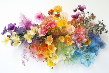 Rainbow-colored flowers transparently arranged in a bouquet