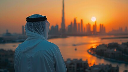 b'A man in a ghutra and agal looking at the Dubai skyline'