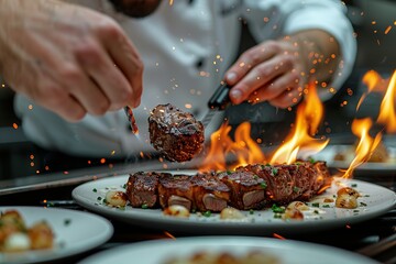 A chef is using an engine flame to brown the top of the sliced lamb with baby white leeks on a...