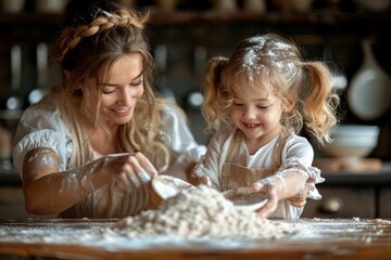 Mother and daughter enjoying time together while baking in a homey kitchen scene