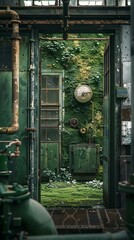 b'rusty door overgrown with plants'
