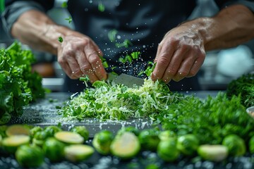 A chef's hands skillfully run through the process of cuts, beautifully dressing and plating an amazing salad made with shredded Brussels sprouts - Powered by Adobe