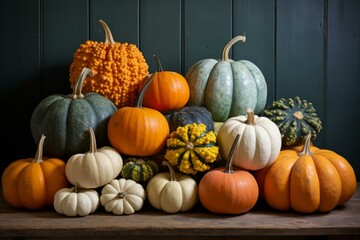 b'A variety of pumpkins and gourds on a wooden table'