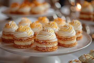 A closeup shot of mini dishes filled with creamy yellow whipped cream, arranged on an elegant white platter at the event's presentation area.