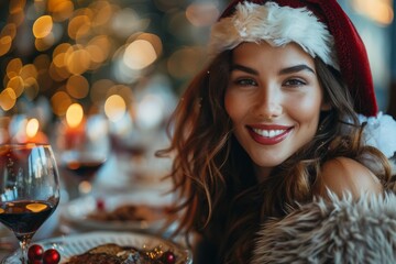 Charming lady in a festive mood enjoying a holiday meal with a cozy backdrop