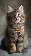 b'A cute kitten with blue eyes is sitting on a gray cloth'