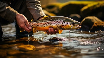 b'A fisherman holds a brown trout in his hands' - obrazy, fototapety, plakaty