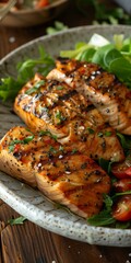 b'Grilled salmon fillet with fresh salad'