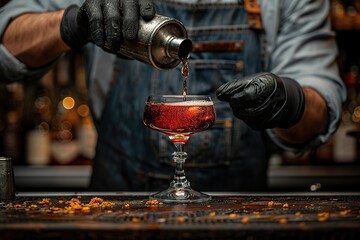 a mixologist pouring an elixir into the glass of his diner's most famous cocktail