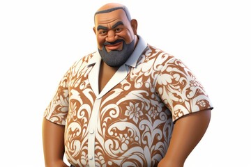 b'Smiling bald man with beard wearing brown floral shirt'