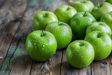 A group of granny smith apples on a wooden table