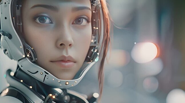 Portrait of a young female android and a detailed mechanical design human-like.