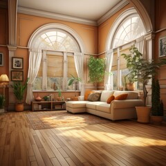 b'Elegant living room interior with large windows and plants'