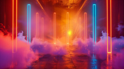 Neon gateway in a futuristic misty corridor.  Generative AI