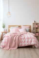b'A cozy pink and white gingham bedroom with a wood bed frame, a copper light fixture, and a pink throw blanket'