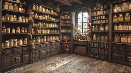 An old wooden room filled with shelves of jars and bottles containing magical ingredients
