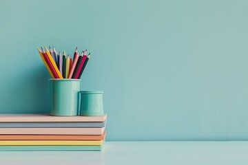 Fototapeta premium Back to school pastel background with stationery, kids supplies, alarm clock, green apple on table. Colorful paper, color pencils, stack of books. Copy space for text. Front view. Young student desk
