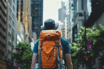 Backpacker arriving at the city, carrying backpack ,photo from behind