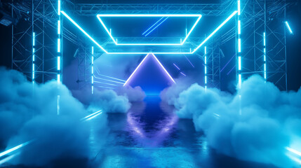 Futuristic neon-lit stage with smoke and triangular shapes. Generative AI
