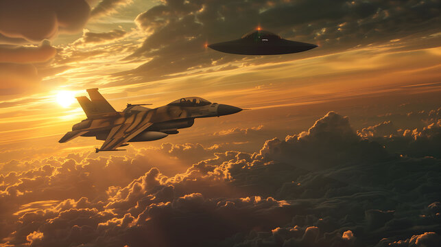 Twilight Confrontation: Fighter Jet and Alien Spacecraft in Sunset Scene