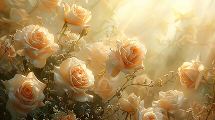 Golden sunbeams dance upon a canvas of ivory roses and trailing vines, set against a backdrop of soft, sun-kissed peach