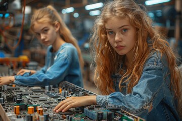 Fototapeta premium Young ladies engaging in technical studies surrounded by electronic circuit boards and components