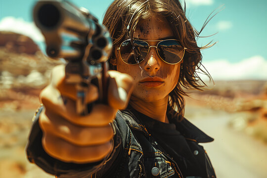 Jeune femme braquant un revolver