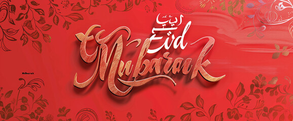 A vibrant red background with the words "Eid Mubarak" in bold, elegant font