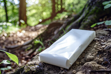 Mockup of a white, empty energy bar wrapper at a hiking trail, suitable for outdoor sports nutrition branding. --ar 3:2 --seed 7308231 Job ID: d9e92215-7860-44b3-8678-138e7d829f27
