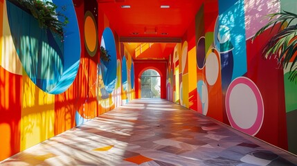 Colorful 3D shapes and patterns painted on the walls and floor of a long hallway