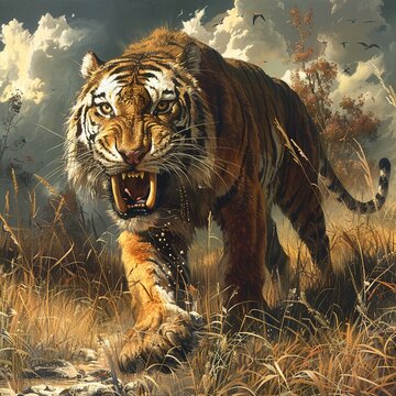 Saber-toothed tiger walking through tall golden grass with stormy sky in the background
