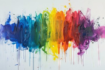 Rainbow-colored paint transparently splattered on a canvas