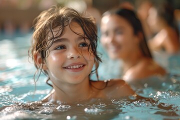 A happy young child enjoys swimming in a pool, embodying innocence and joy