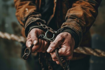 A man prisoner with chained Hands, Man in handcuffs, Close-up, man in handcuffs. Arrested man handcuffed hands, Ai generated - obrazy, fototapety, plakaty