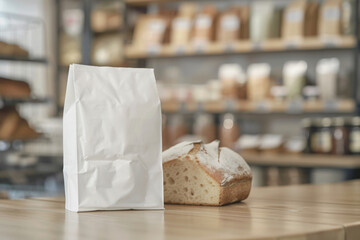 Crumpled white paper bag and bread loaf on wooden table