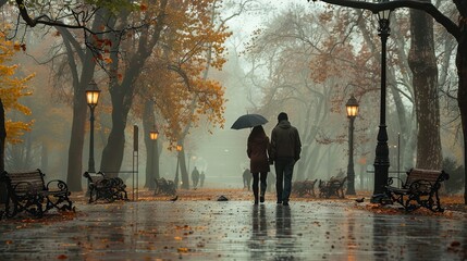 Couples stroll hand in hand through a misty park, enjoying the serene beauty of a rainy day.