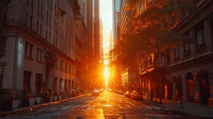 Fototapeta na wymiar The warm glow of the setting sun illuminates an empty urban street with a golden orange hue