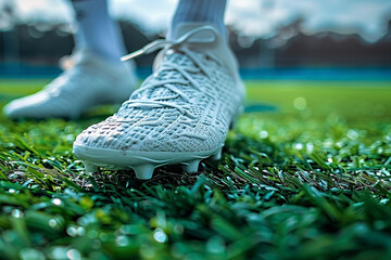 Close up of football shoes on the green grass. Soccer player's standing on the pitch.