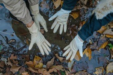 A pair of hands, wearing white latex rubber gloves covered in dirt, touch the ground and soil in a natural environment.