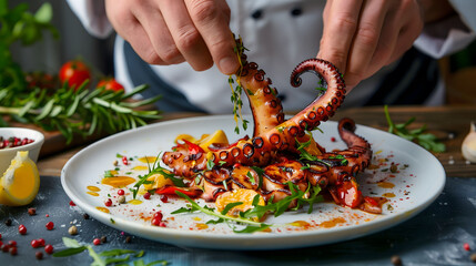 Epicurean Excellence: Captivating Display of Grilled Octopus by a Chef - obrazy, fototapety, plakaty