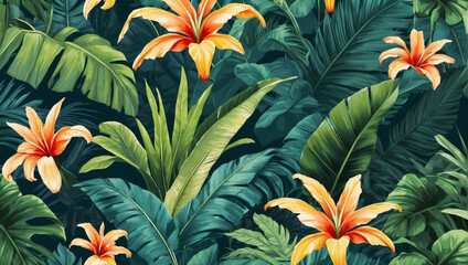 Jungle Delight, Background Design Brimming with Charming Tropical Palm and Banana Leaves.