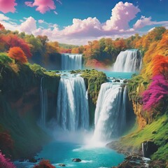 Mountain Waterfall with Rainbow Amidst Nature's Beauty