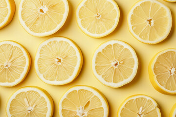 Fototapeta premium Sliced lemons on yellow background with copy space, top view, flat lay photo concept