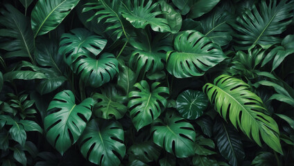 Fototapeta na wymiar Jungle Foliage Fantasy, Lush Green Texture of Tropical Leaves, Perfect for Desktop Wallpaper and Design Backdrops.