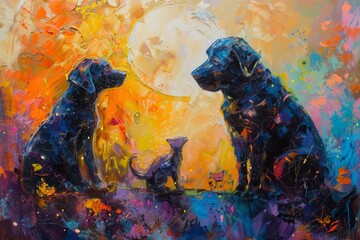 Colorful Artistic Painting of Two Dogs and a Cat at Sunset Concept of friendship and creativity in pet themes