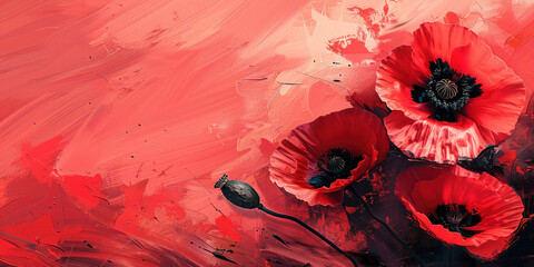 Fototapeta premium Vibrant Red Poppy Flowers on Bold Red Background with Touch of Black Paintsplash